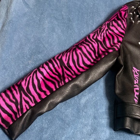 Azalea Wang Black Studded Leather Jacket with Pink and Zebra Sleeves - Picture 4 of 7